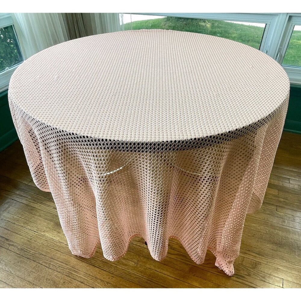 Vintage 1980s peach shower curtain, mesh open weave pattern, decorative panel
